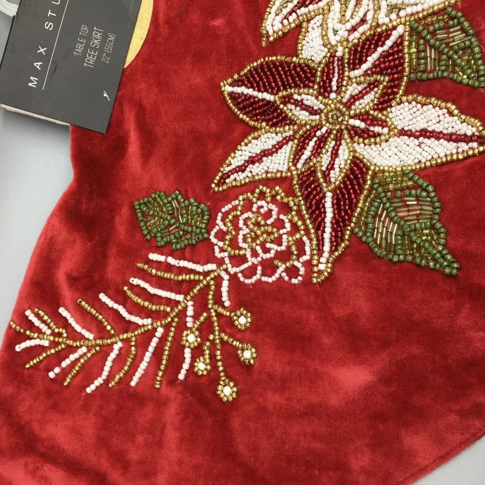 Max Studio Tabletop Mini Red Velvet Beaded Poinsettia Christmas Tree Skirt 22”